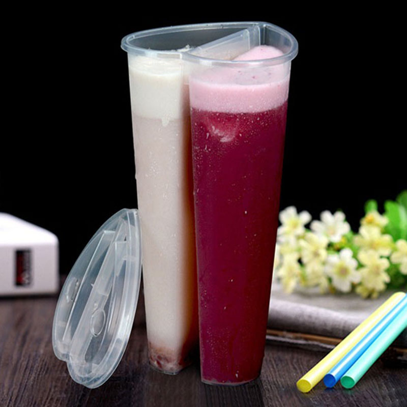 20 oz disposable plastic cup heart-shaped couple sharing cup creative milk tea beverage juice cups with lids