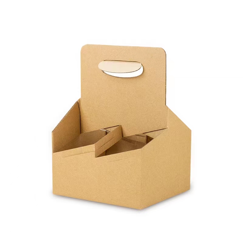 Kraft Paper Square 4 Cup Drink Carrier with Handle